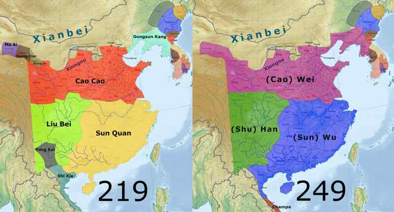 Maps in 219 CE and 249 CE before and after Three Kingdoms establishment