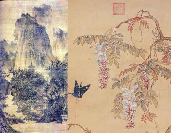 Landscape painting by Li Cheng and Butterfly and Wisteria Flowers by Xu Xi