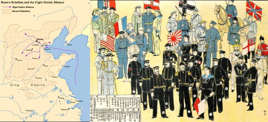 Map of the Boxer Rebellion and Eight-Nation Alliance and an illustration of navy troops of Eight-Nation Alliance