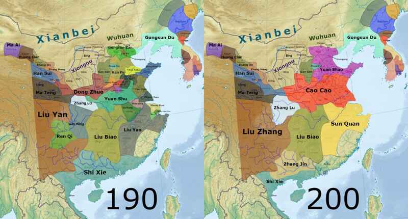 Maps of territories in 190 and 200 CE before the establishment of the three kingdoms