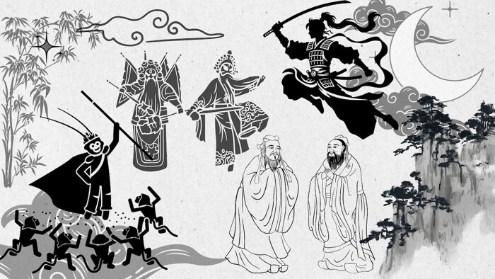 A collection of black and white illustrations showing Chinese cultural and historical elements