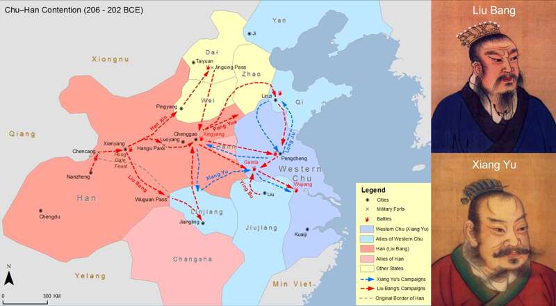 Map of the Chu Han Contention, portraits of Liu Bang and Xiang Yu