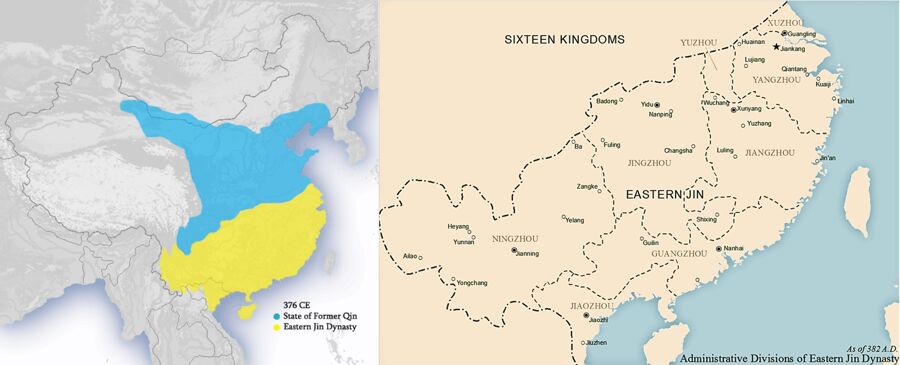 Maps of Eastern Jin in 376 and 382 CE.