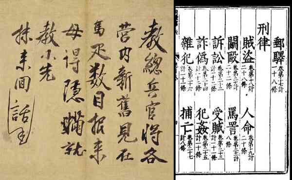 Zhu Yuanzhang's calligraphy and a page from the Da Ming Lü