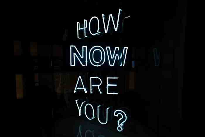 Neon sign saying, 'HOW NOW ARE YOU'