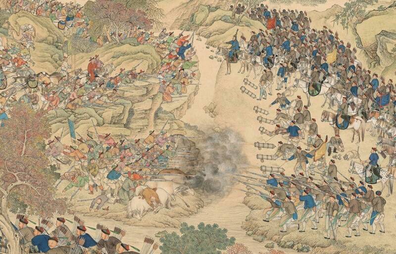 Battle of Yesil-kol-nor in 1759 showing firearms used by the Qing army