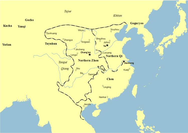 Northern Qi, Northern Zhou, Liang, and Chen in 562 CE