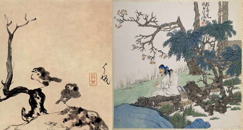 Paintings of Two Birds by Zhu Da and Playing the Flute by Ren Bonian