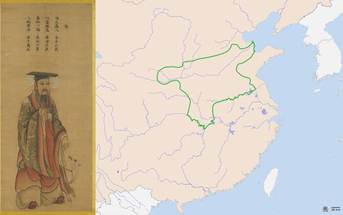 A portrait of Shang Tang and Shang Dynasty map.