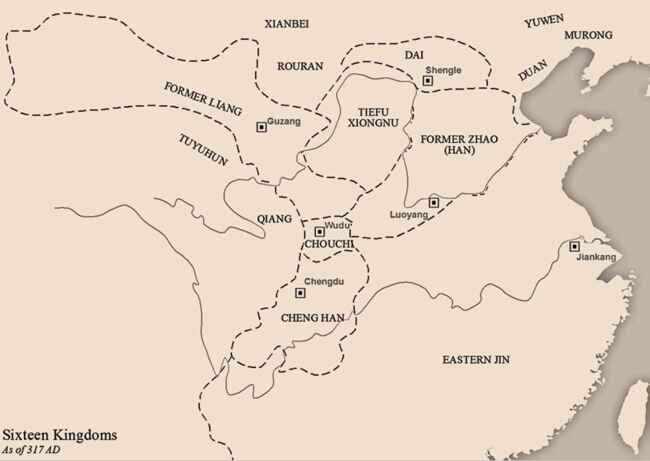 Map of Sixteen Kingdoms in 317 CE.