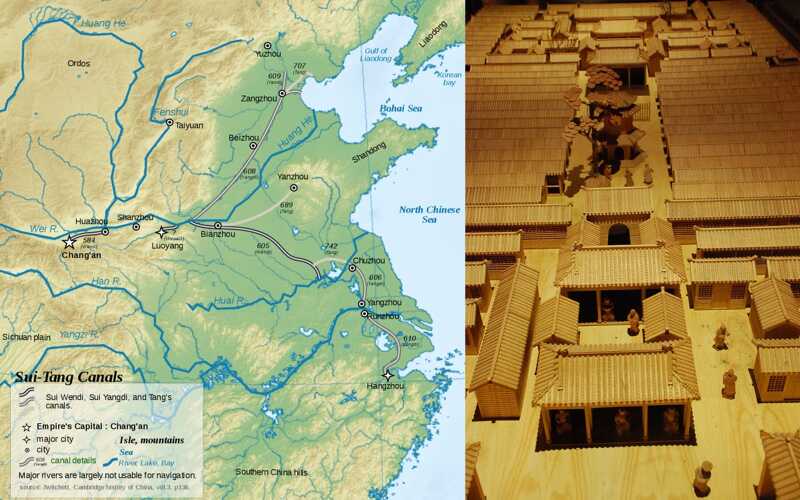 The Grand Canal under Sui and Tang dynasties, and a model of exam cells displayed at Beijing Imperial Academy