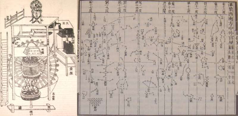 A diagram of the astronomical clocktower and a star map with an equidistant cylindrical projection by Su Song