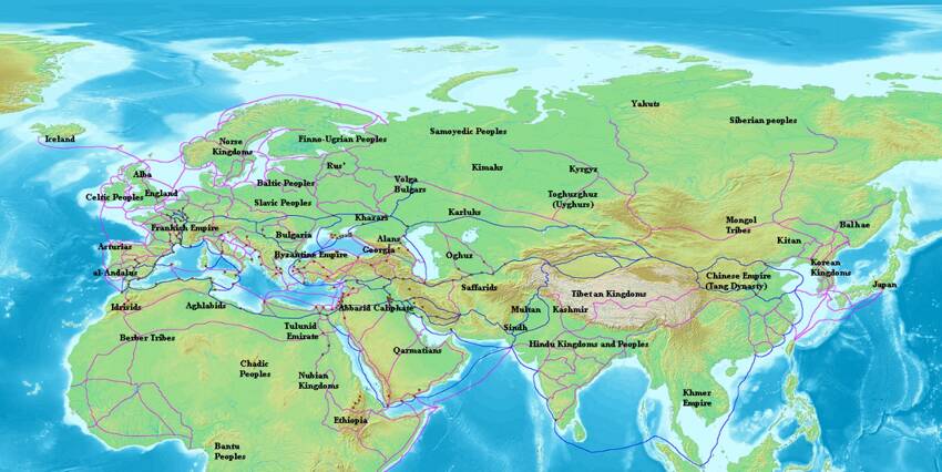 Map of Eurasia and Africa showing trade networks in 870 CE