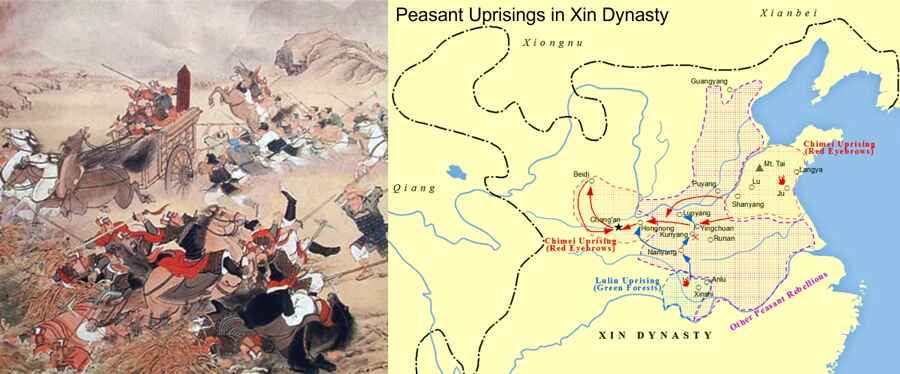 Illustration and map of peasant uprisings at the end of the Xin Dynasty