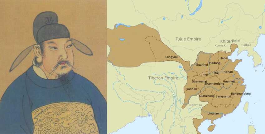 Portrait of Emperor Xuanzong and map of Tang in 742