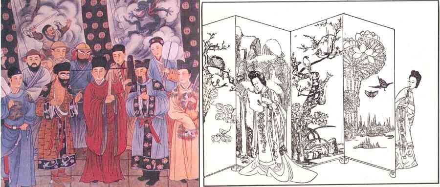 A mural depicting the Yuan Zaju stage and an illustration of The Romance of the West Chamber